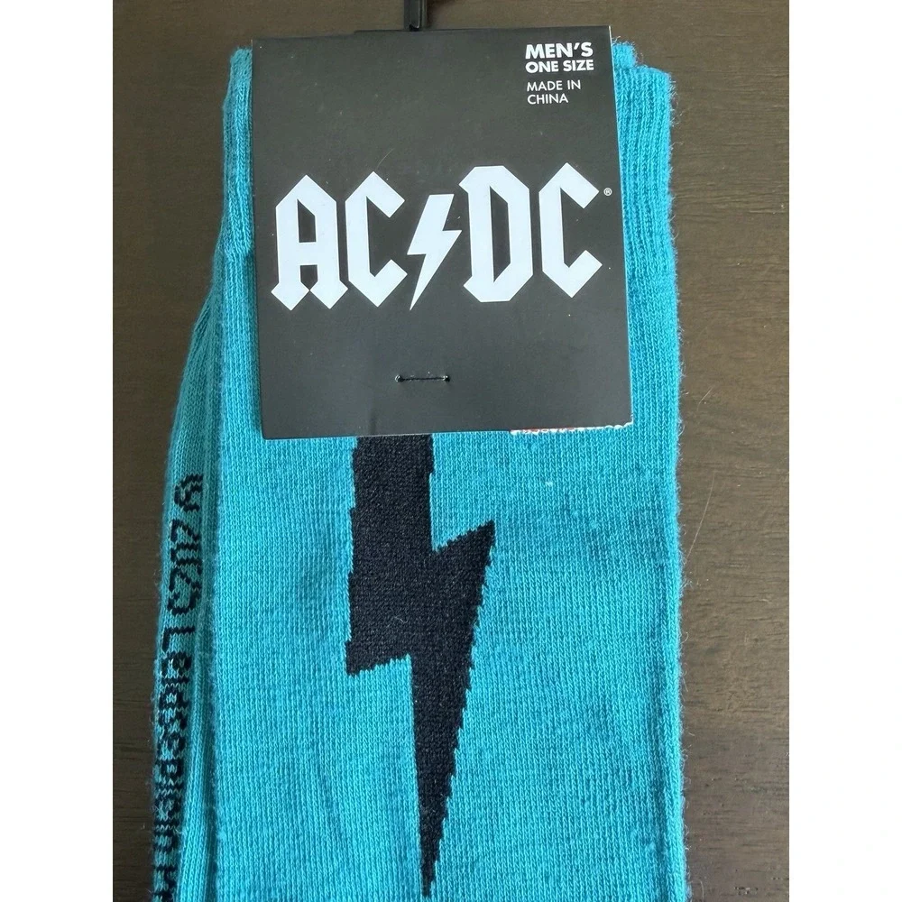 NEW Novelty Teal & Black AC/DC Men's Crew Socks Size US 7-12